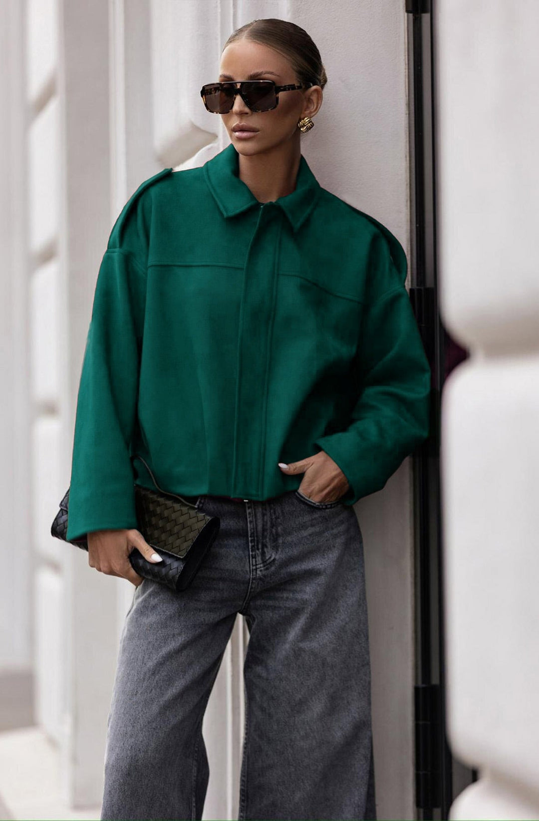 Anika Oversized Suede Bomber Jacket–Bottle Green