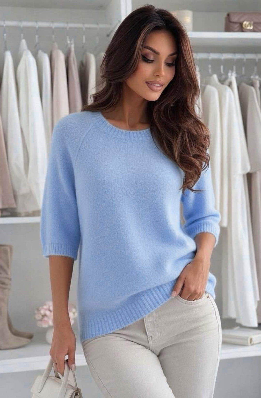 Anira Alpaca Blend Crew Neck Lightweight Jumper Sweater-Blue