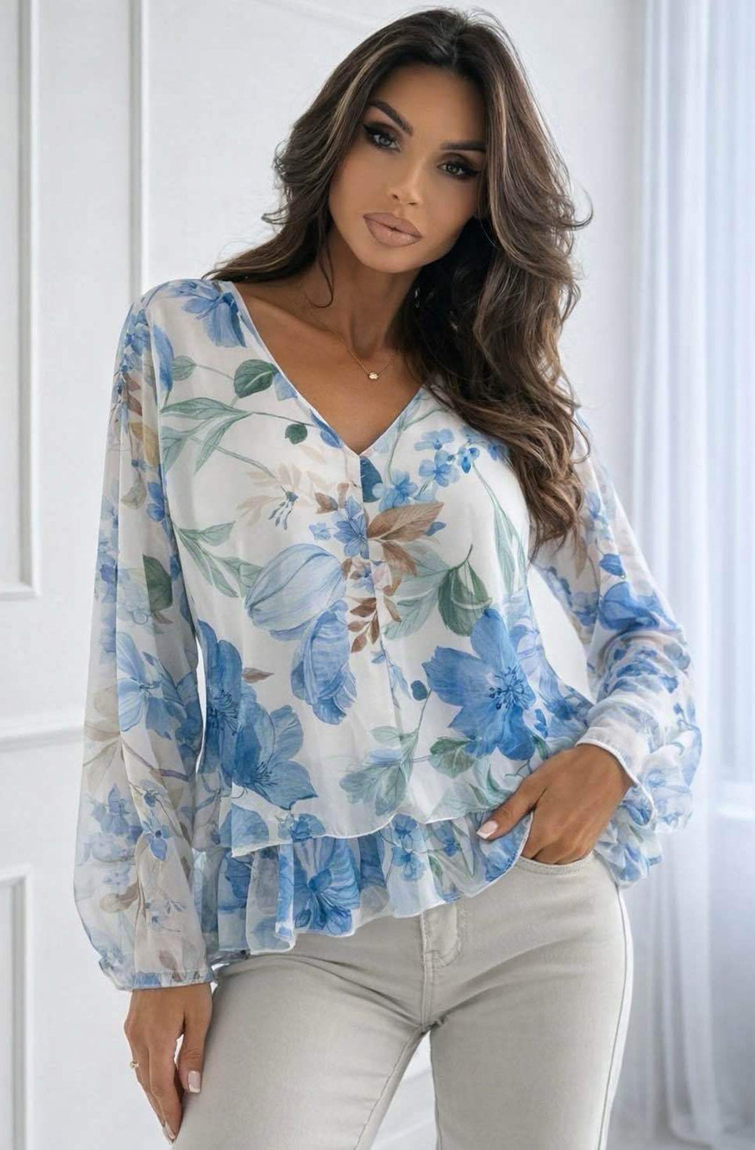 Anisha Floral V-Neck Frill Layered Chiffon Blouse-Blue