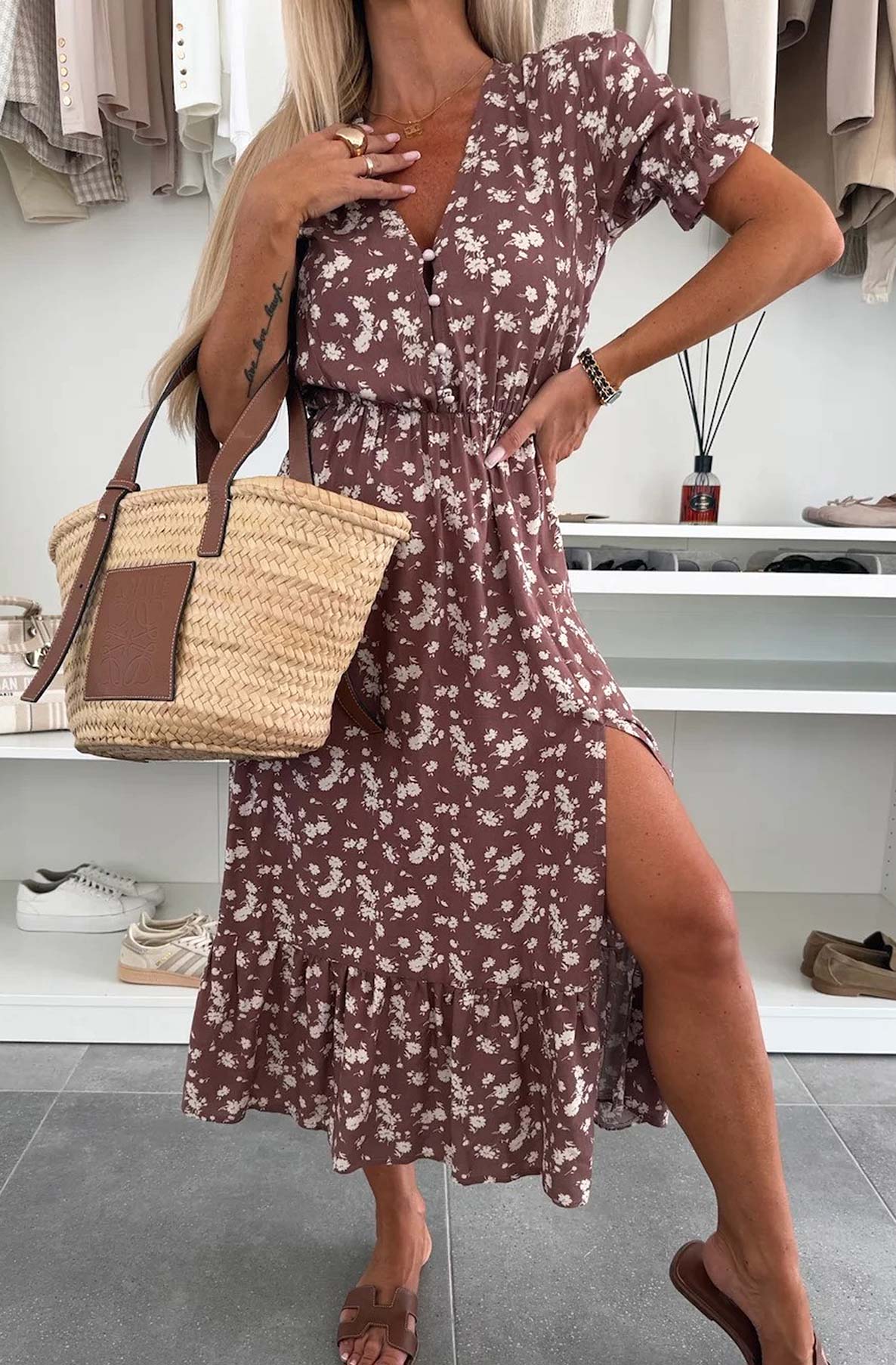 Anna Floral Side Slit Midaxi Dress-Brown – Lush Label Fashion