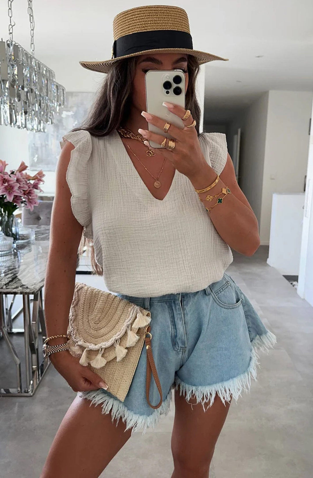 Aria Frill Sleeve Cotton Gauze Style Blouse Top-Stone