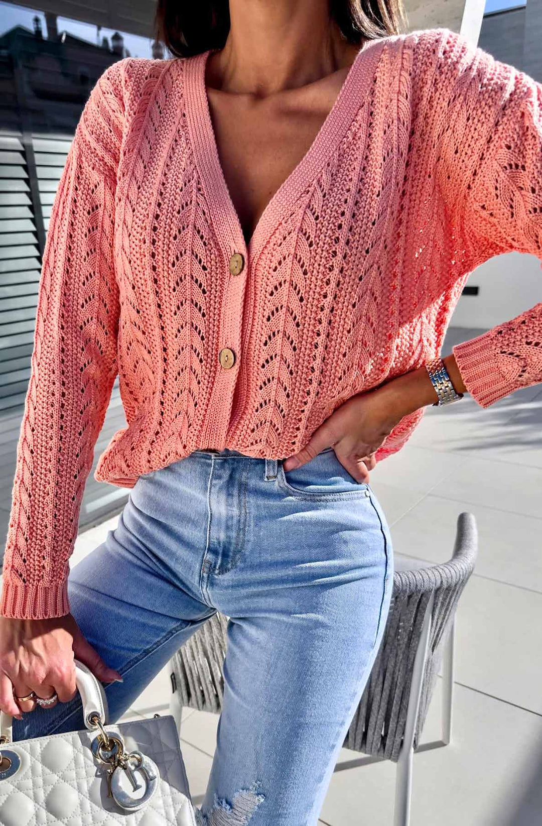 Arlina Crochet Knitted Light Wear Cardigan-Coral