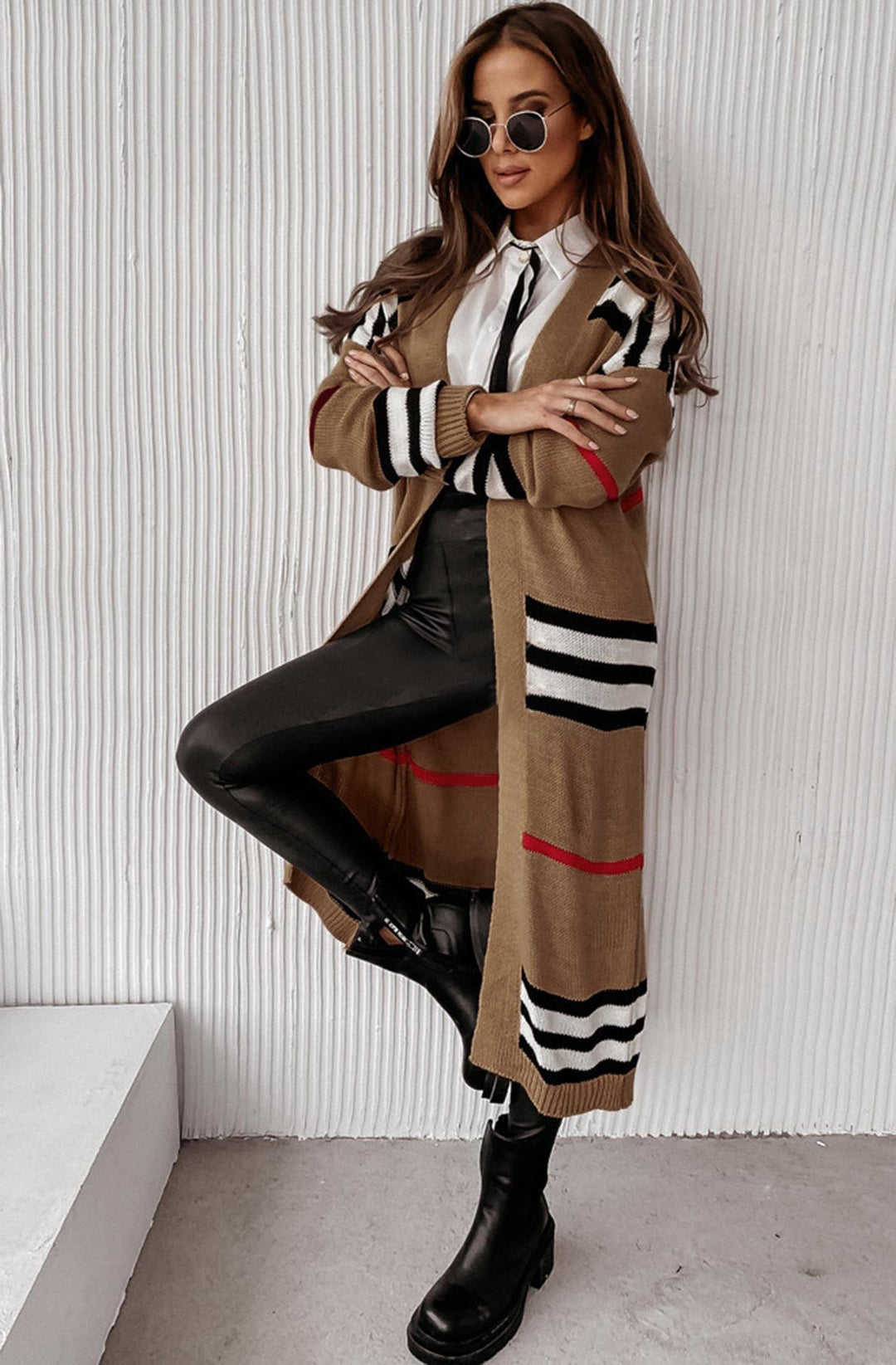 Aviana Striped Longline Knitted Cardigan-Camel