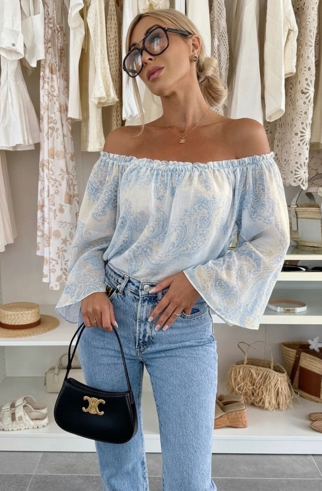 Aylene Paisley Bardot Off-Shoulder Blouse Top-Blue