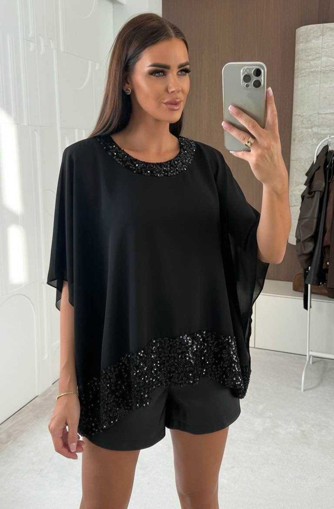 Ayla Sequin Trim Batwing Chiffon Cape Blouse-Black