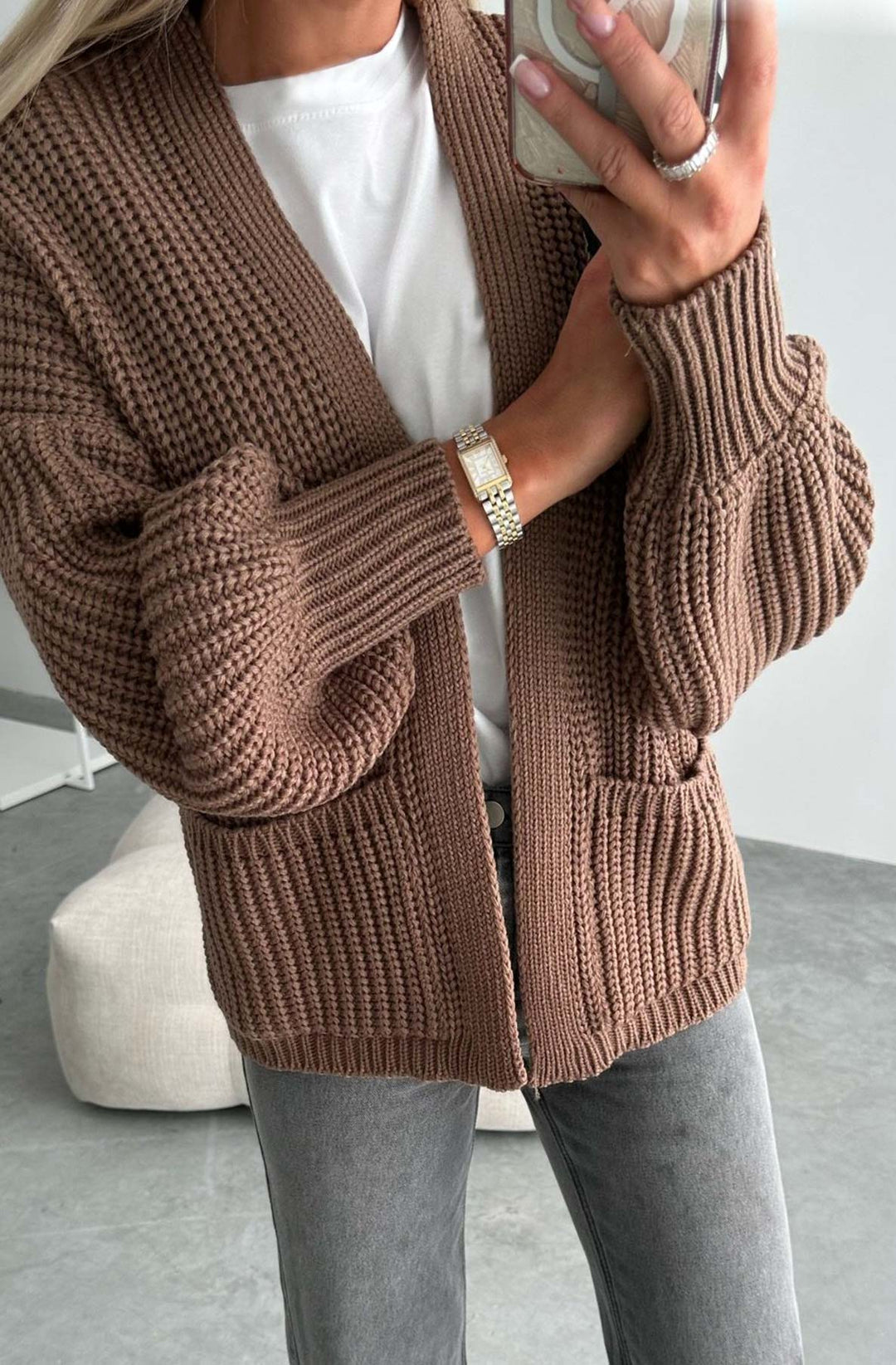 Bella Pocket Detail Knitted Cardigan-Chocolate