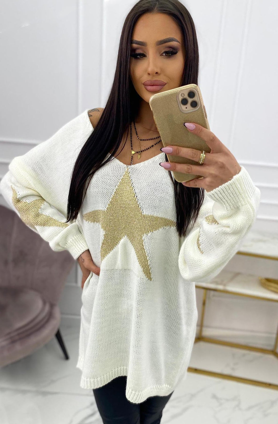 Bethany 'STAR' Shimmer Knitted Jumper Tunic Top-Ivory