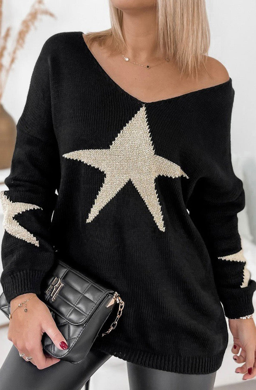 Bethany 'STAR' Shimmer Knitted Jumper Tunic Top-Black