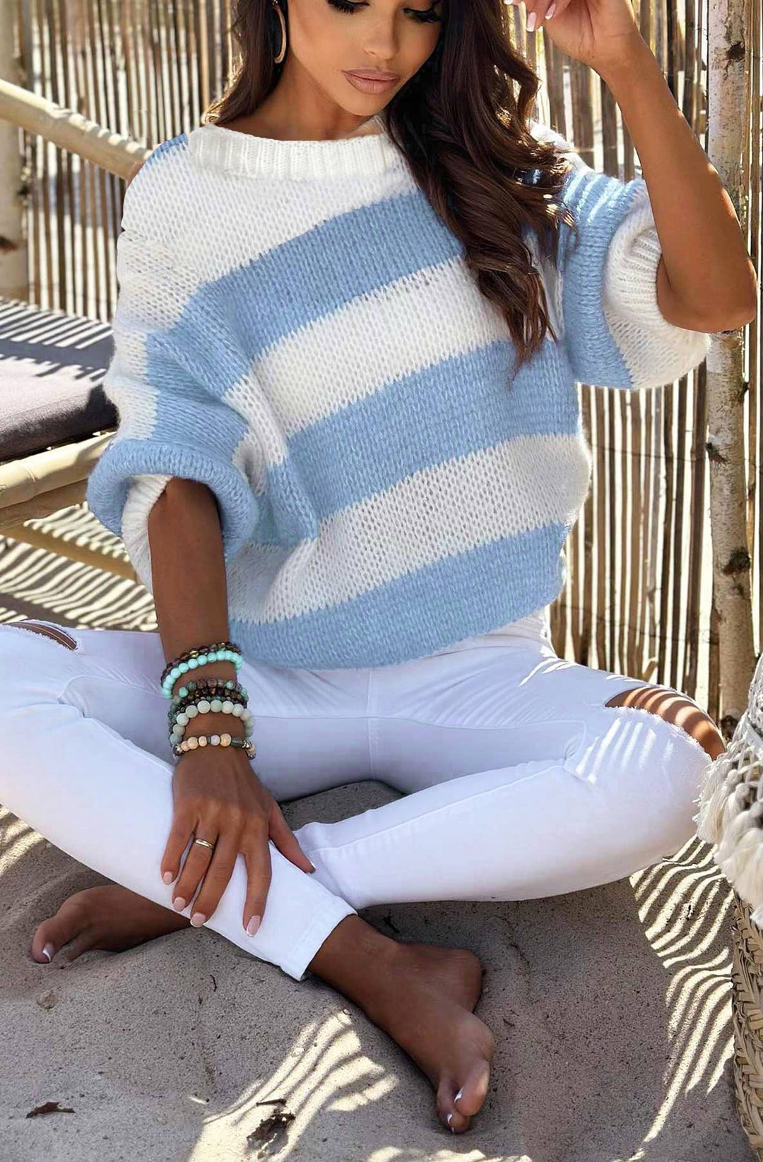 Binka Striped Knitted Jumper Sweater Top-Blue