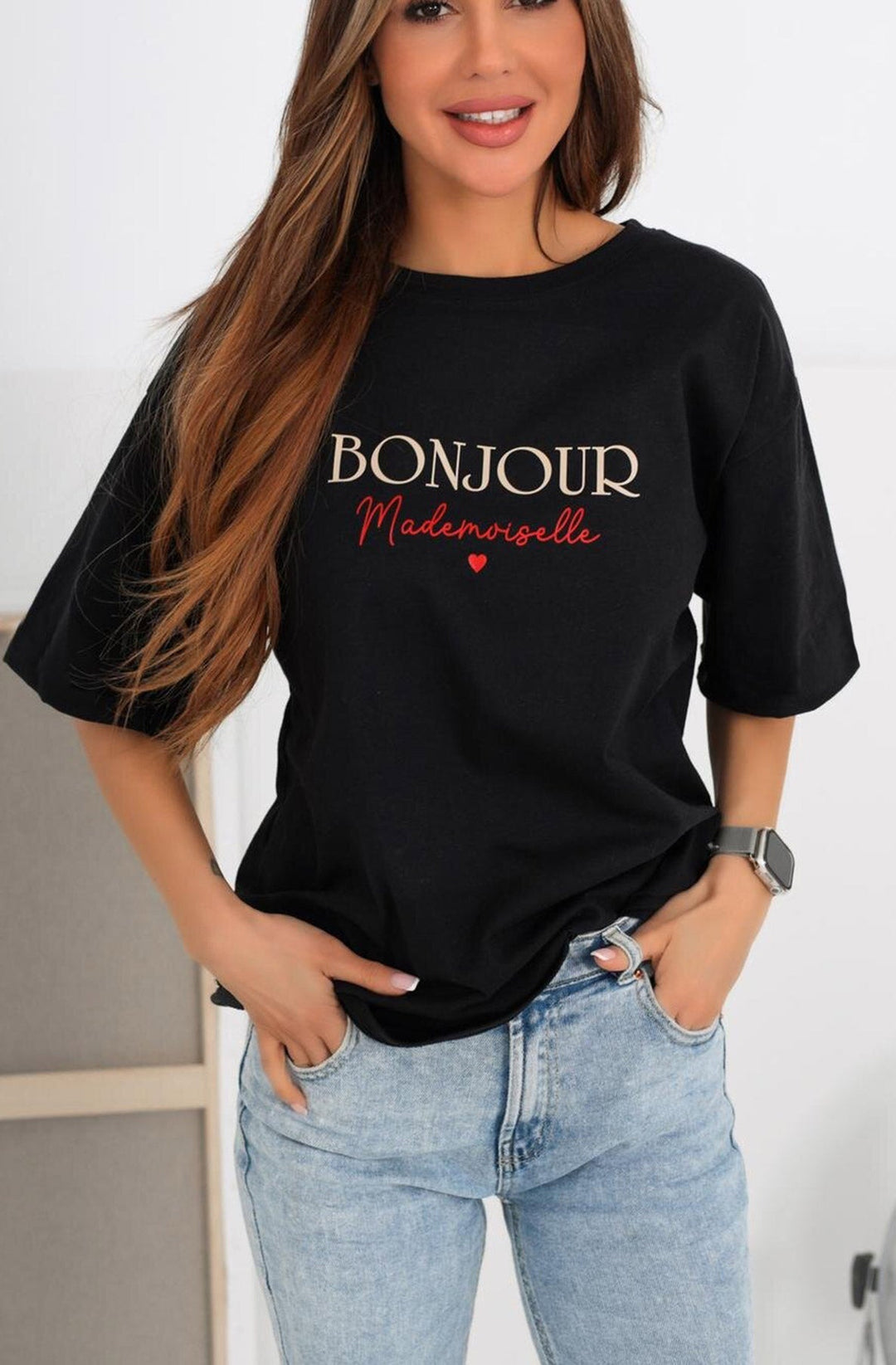 'Bonjour Mademoiselle' Printed T-shirt Top-Black