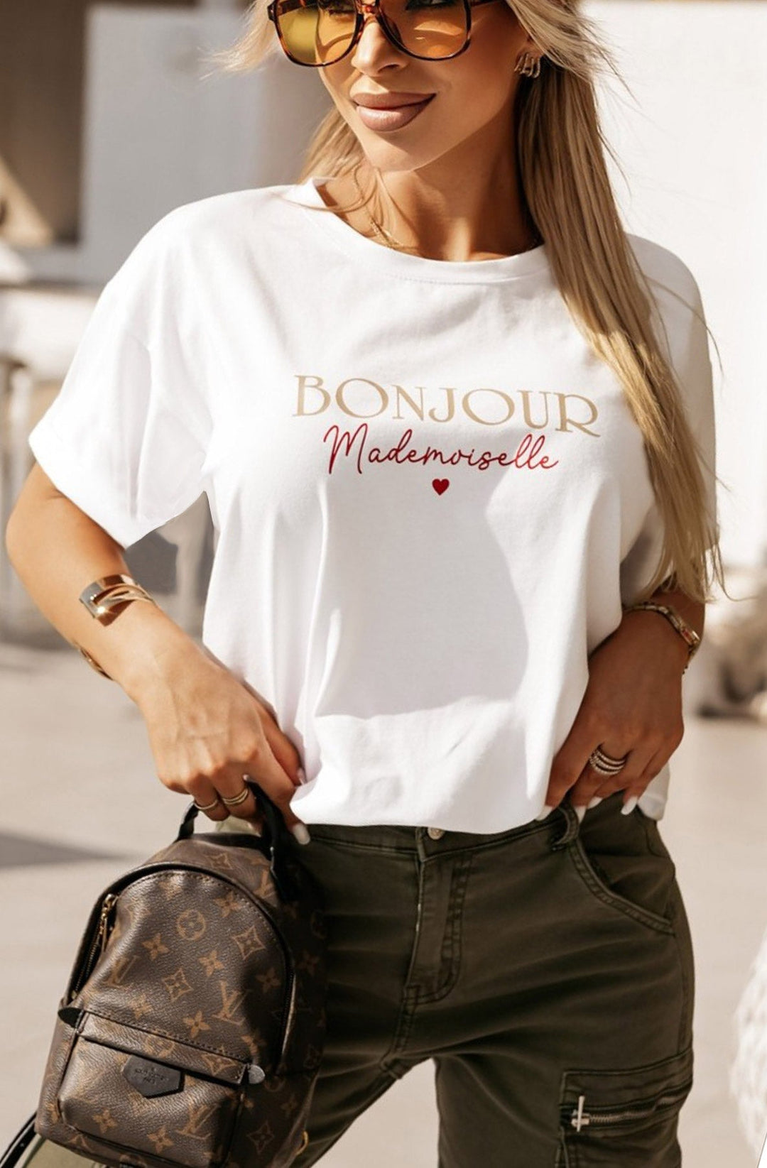 'Bonjour Mademoiselle' Printed T-shirt Top-Ivory