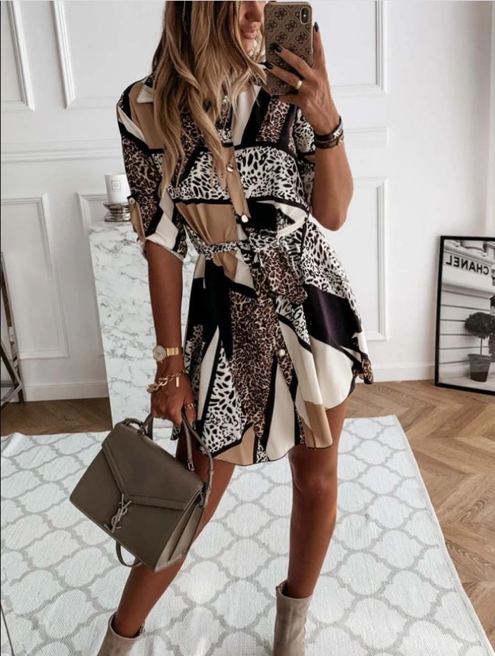 Bonnie Colour Block Leopard Print Shirt Dress-Brown