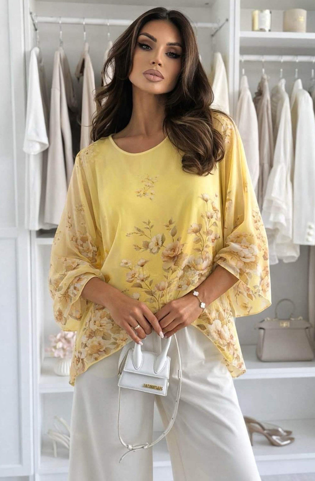 Caitlin Soft Draped Floral Chiffon Blouse Top-Yellow