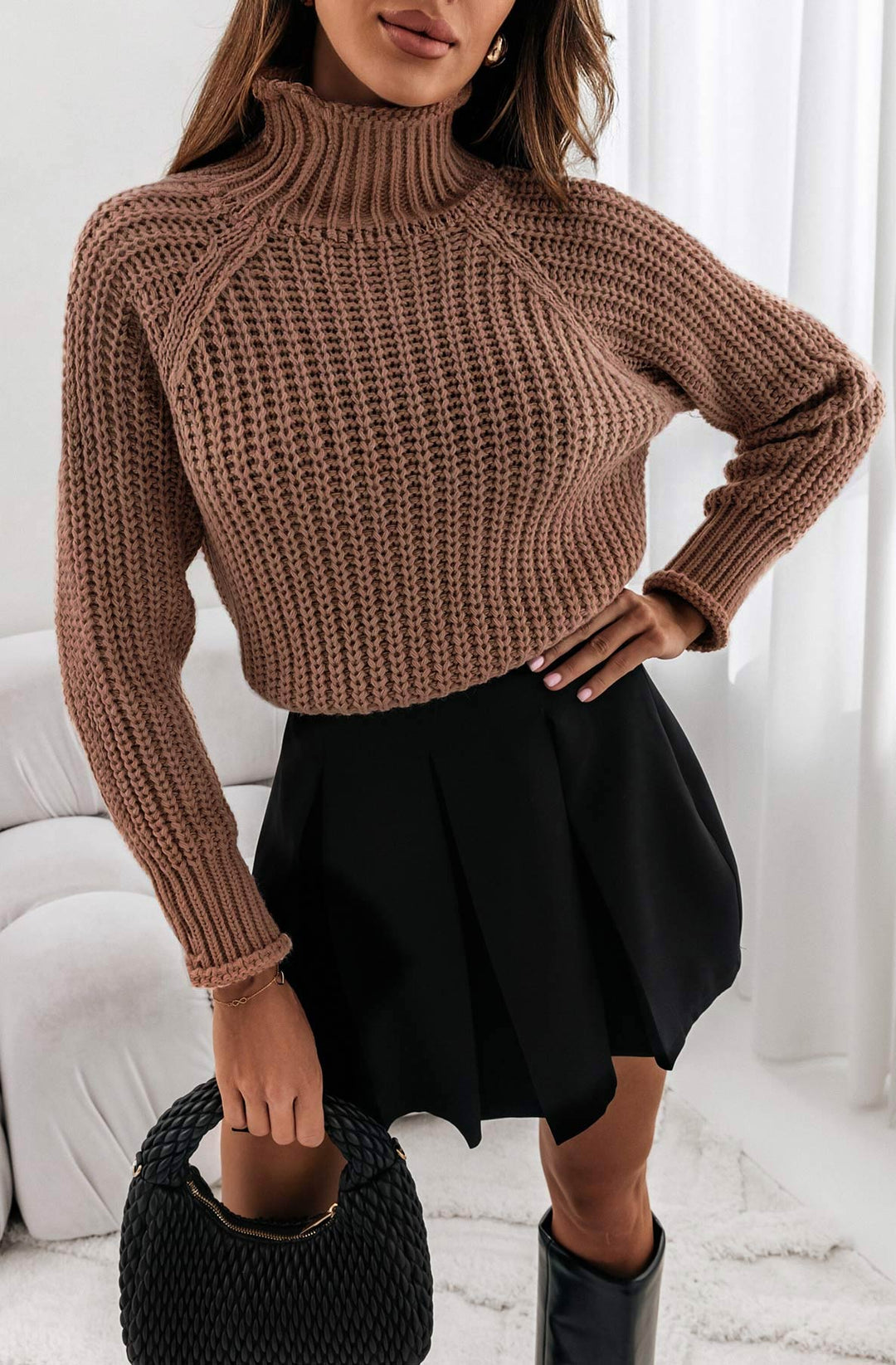 Candice High Neck Cropped Knitted Jumper Top-Brown