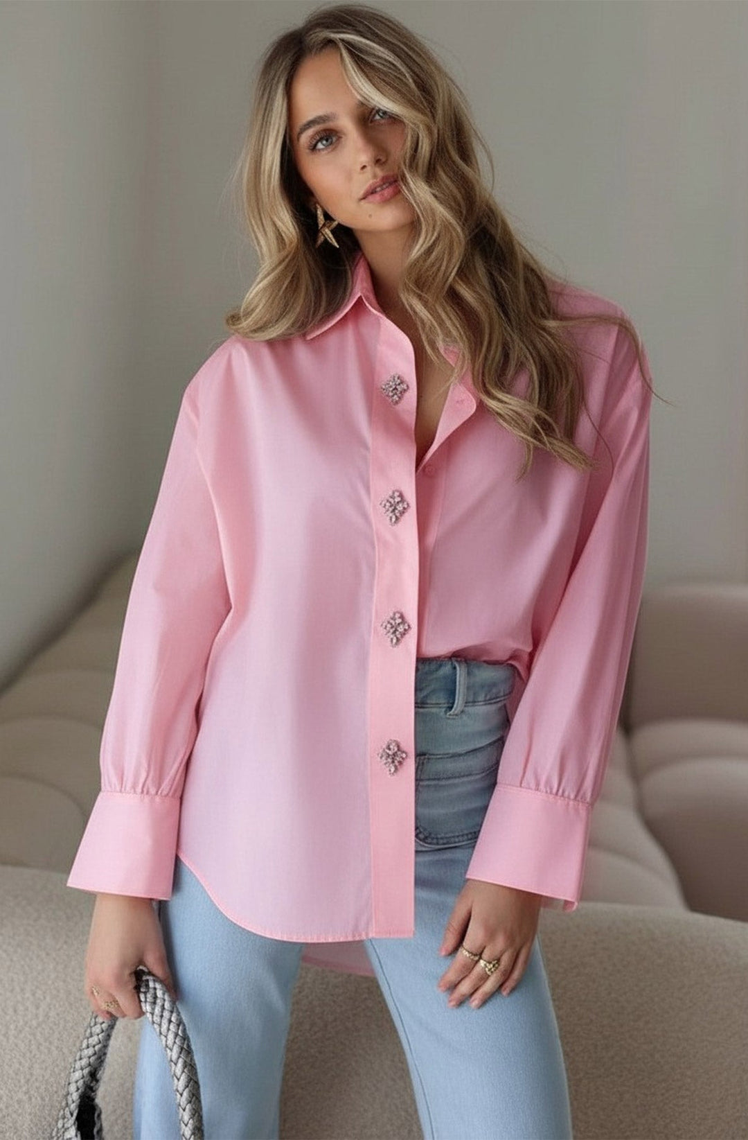 Celeste Diamante Oversized Blouse Shirt Top-Pink