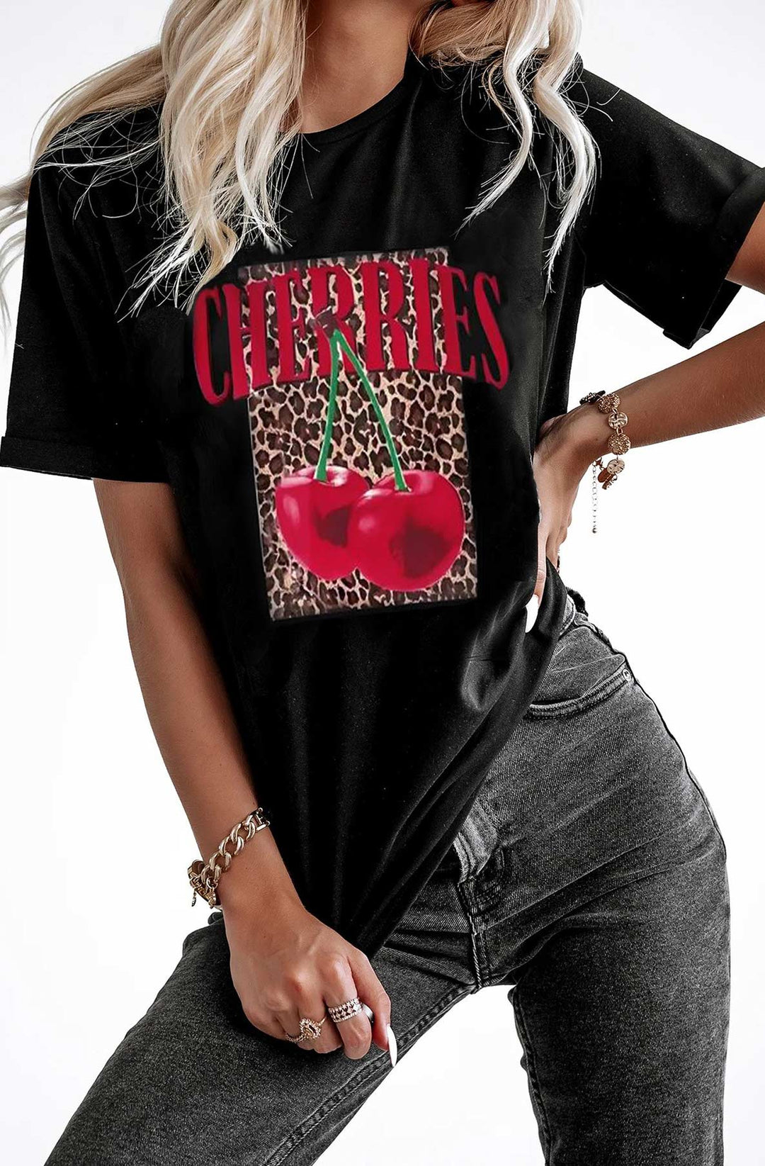 'Cherries' Graphic Printed T. Shirt Top-Black