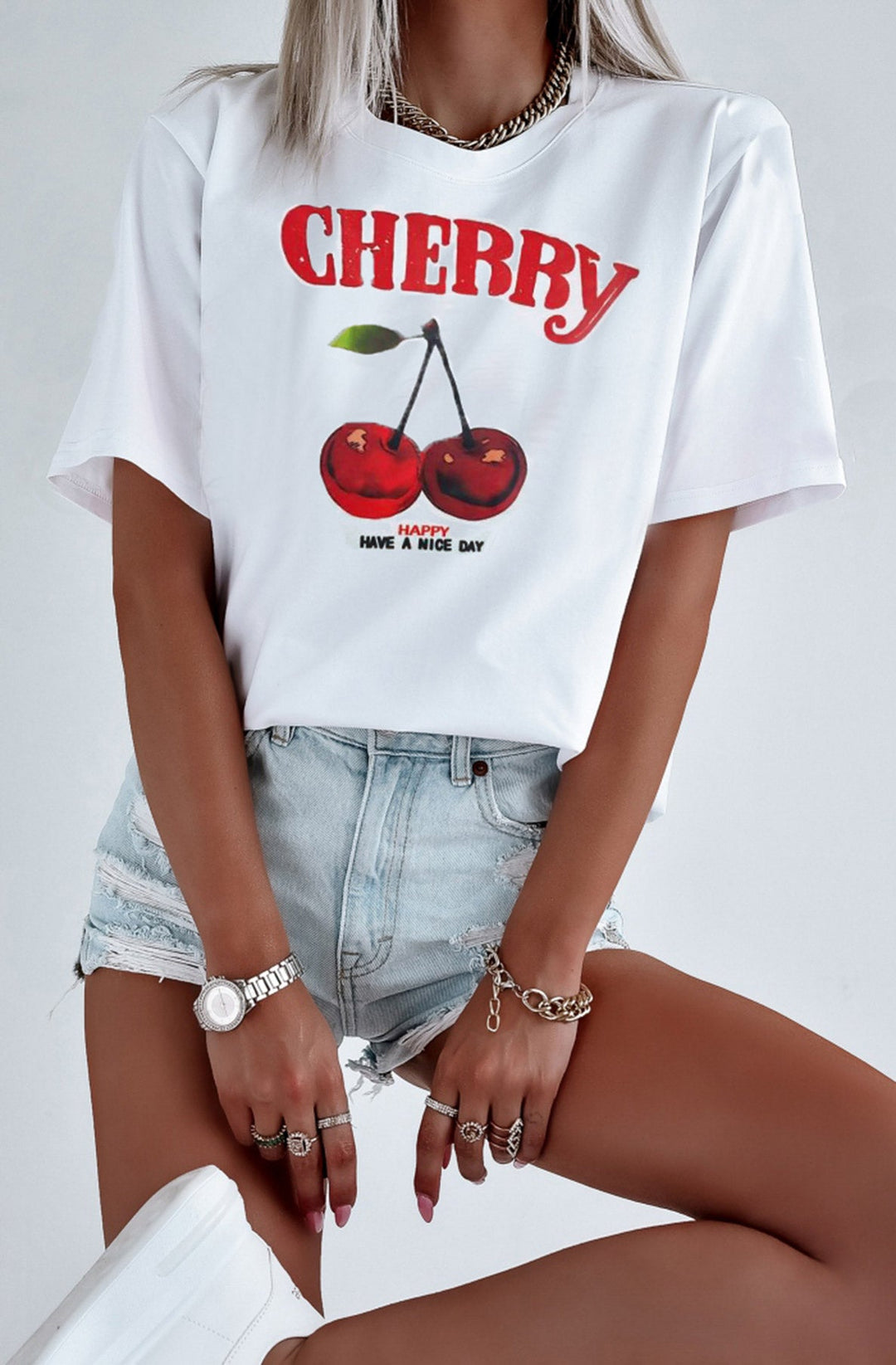 Cherry 'Happy' Graphic Printed T. Shirt Top-Ivory