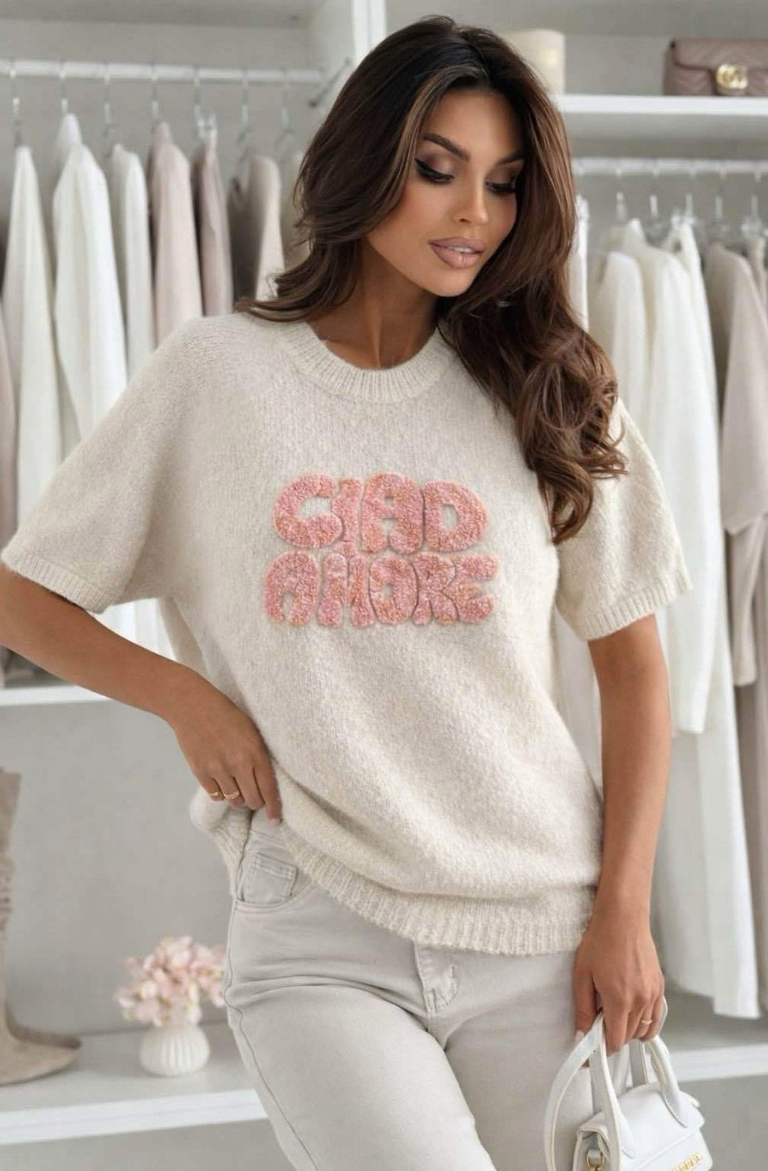 'Ciao Amore' Short Sleeve Alpaca Blend Lightweight Knitted Sweater Top-Stone
