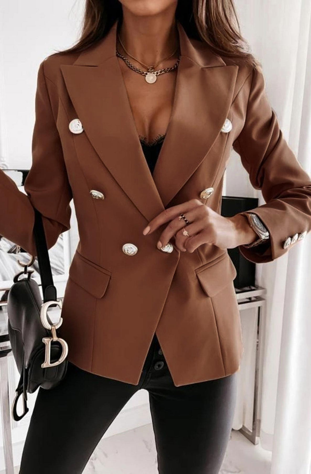 Cortana Button Detail Blazer Jacket-Camel