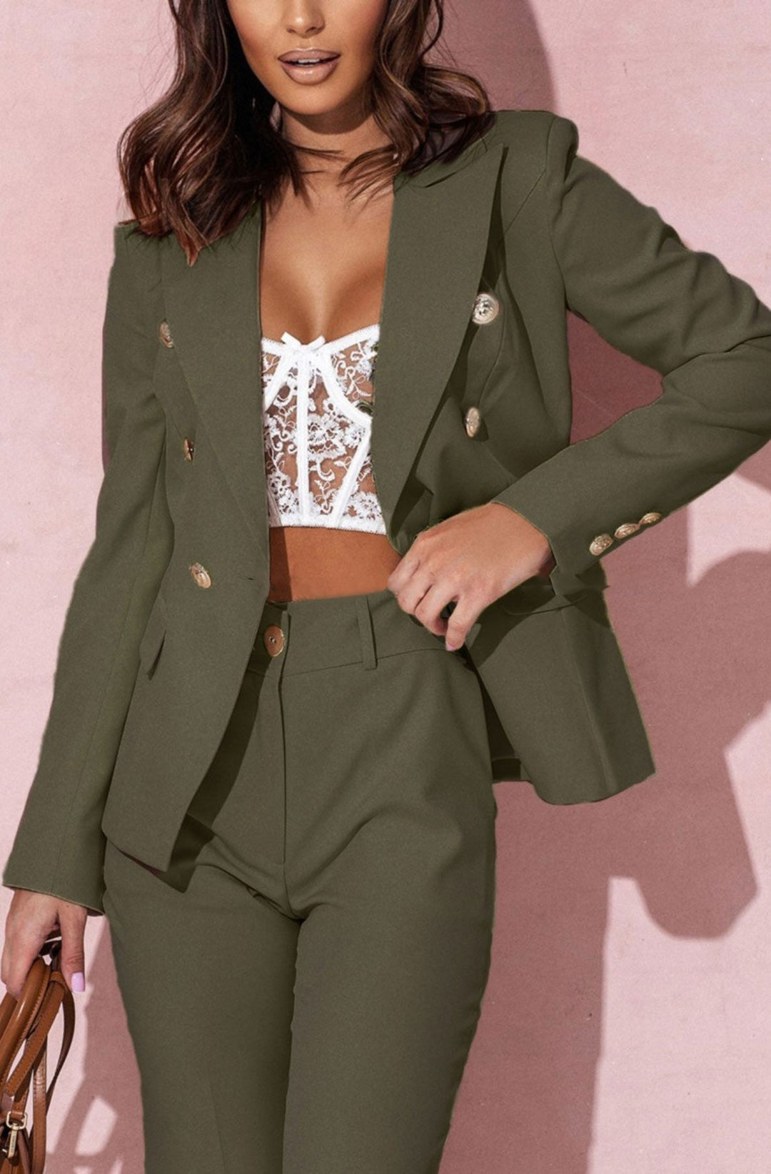 Cortana Button Detail Blazer Jacket-Khaki