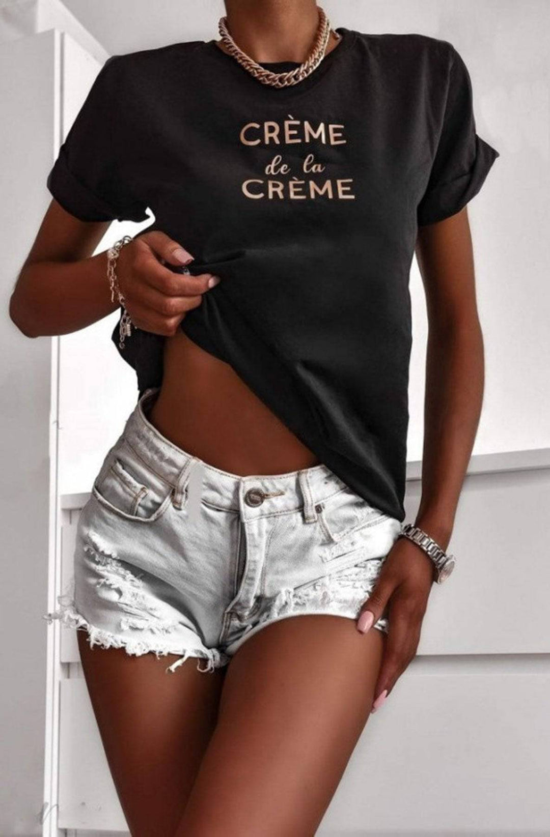 'Crème de la Crème' Slogan T-Shirt-Black