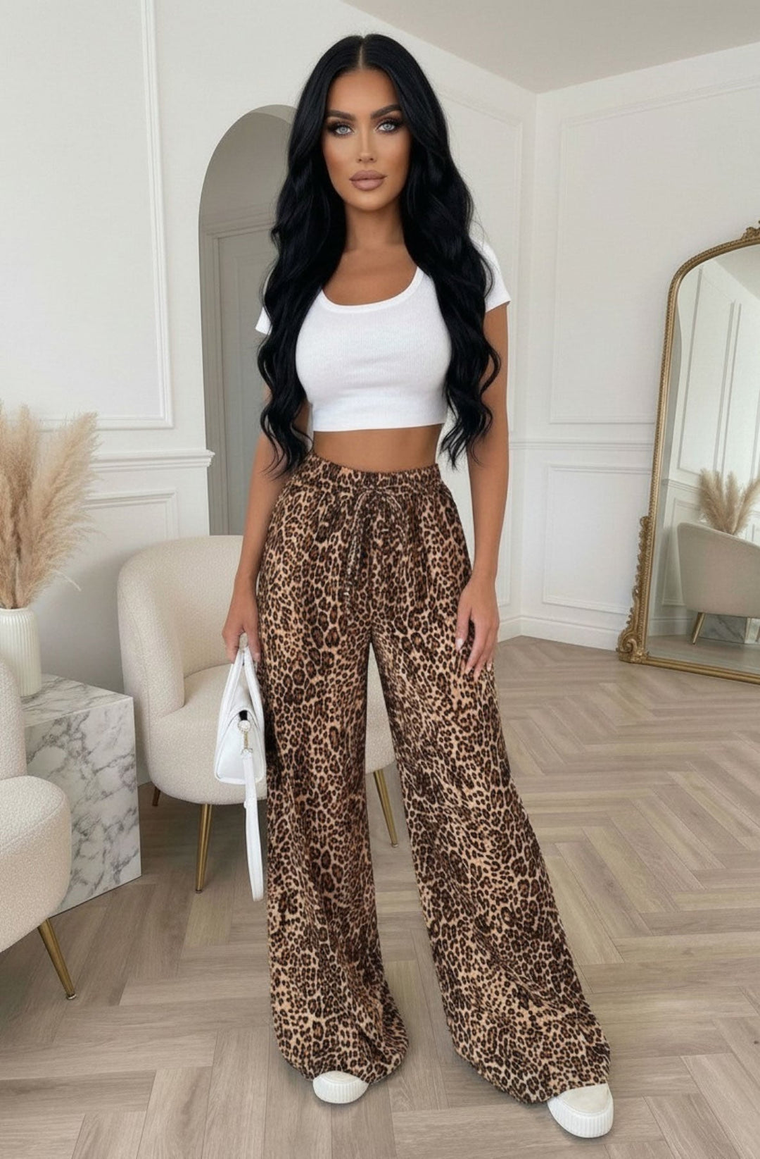 Cressida Leopard Print Elasticated Waist Wide Leg Trousers-Brown