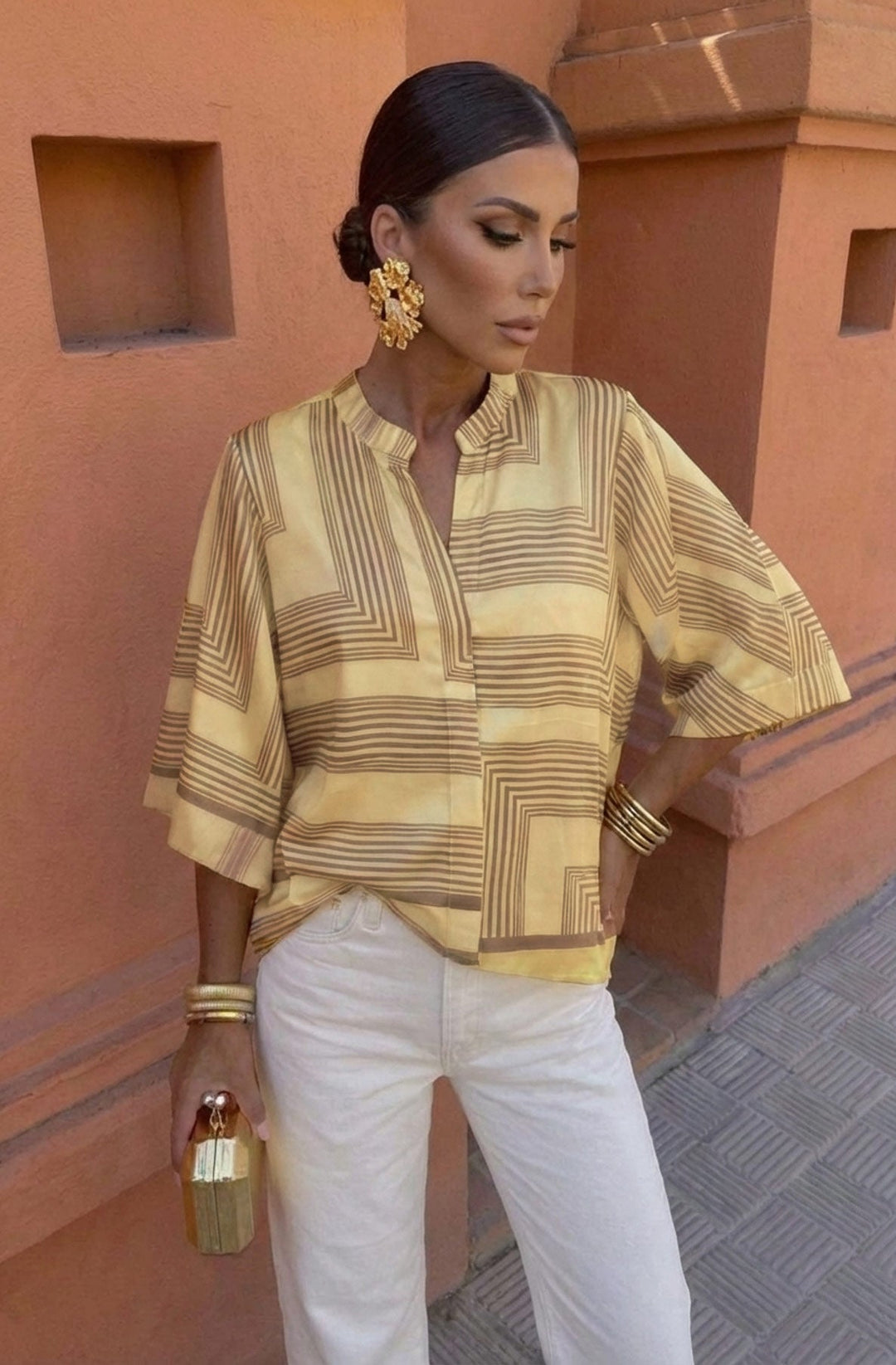 Damaris Satin Geometric Stripe Panel Print Kimono Sleeve Blouse Top-Yellow