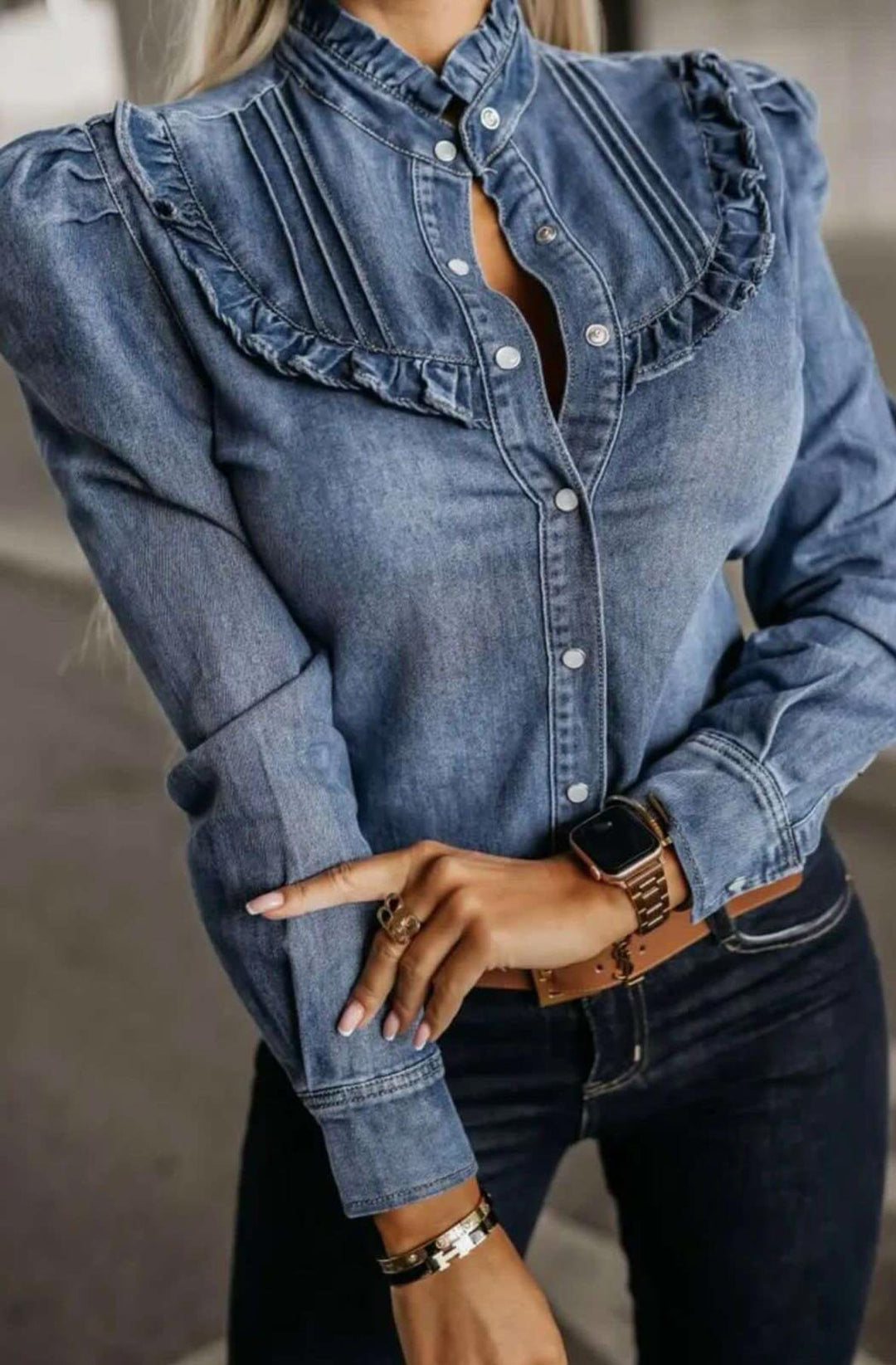 Darcie Denim Long Sleeve Shirt Top-Blue