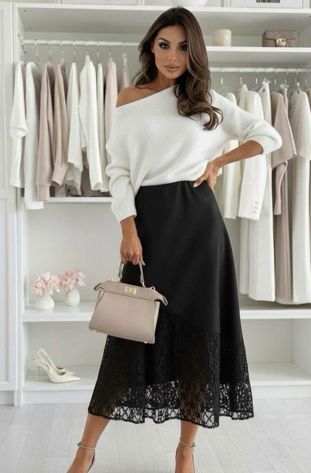 Daria Satin Asymmetric Lace Midaxi Skirt-Black