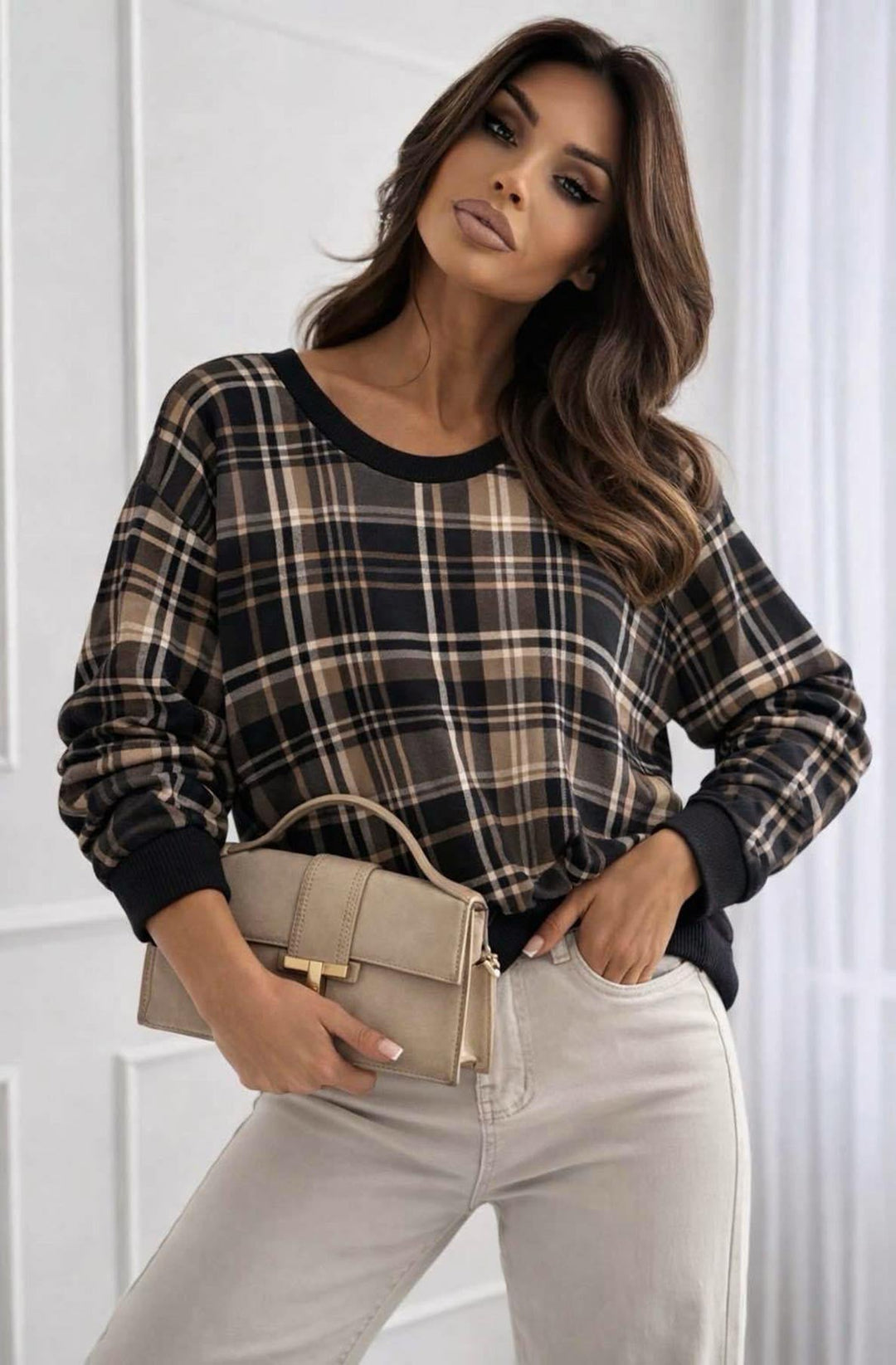 Debby Classic Check Print Long Sleeve Sweatshirt Top-Black