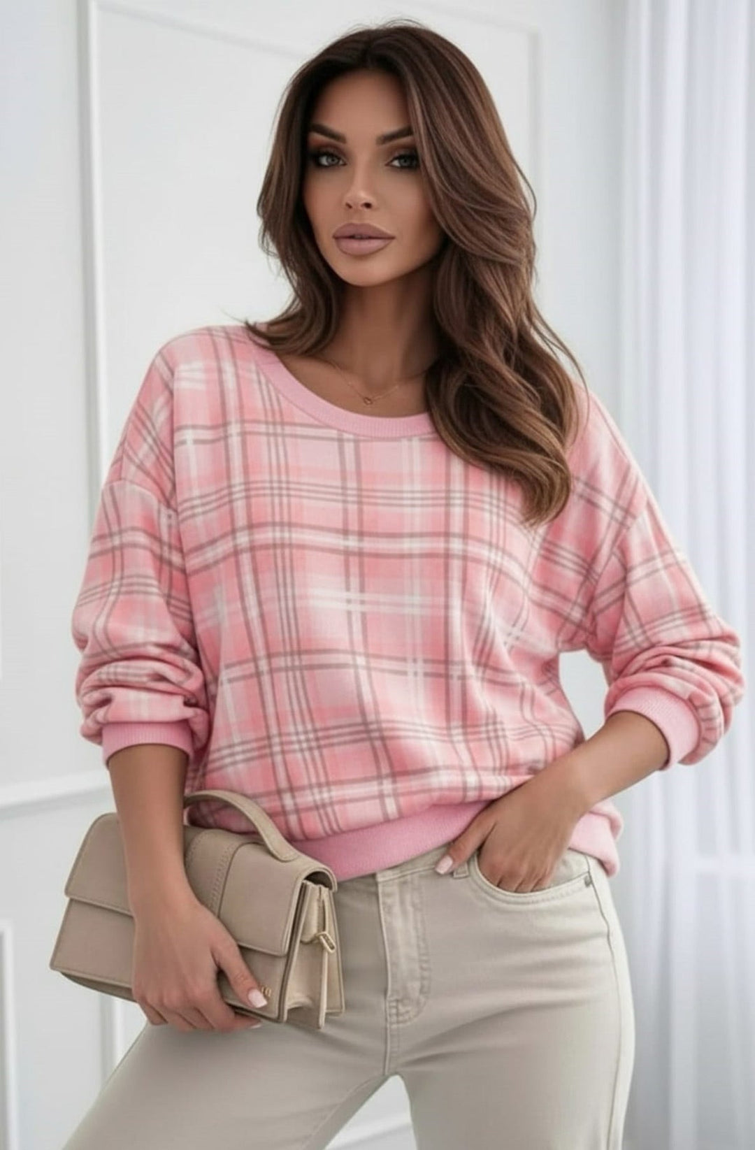 Debby Classic Check Print Long Sleeve Sweatshirt Top-Pink