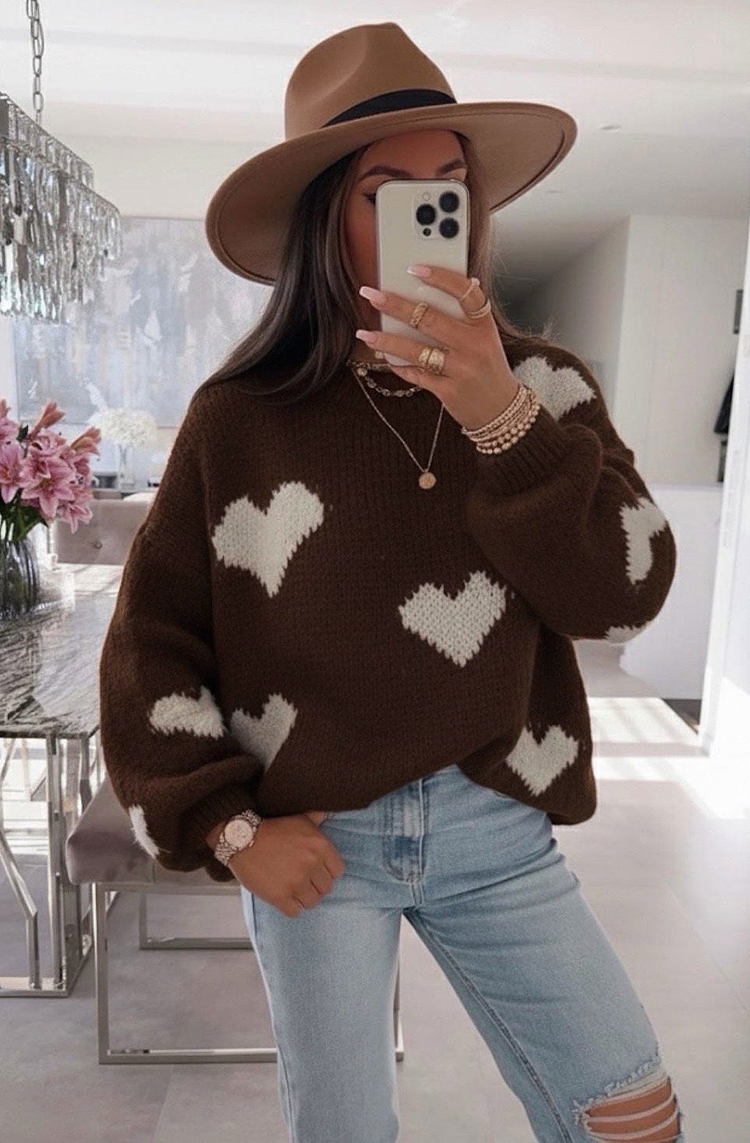 Delta Heart Knitted Jumper Sweater Top-Chocolate