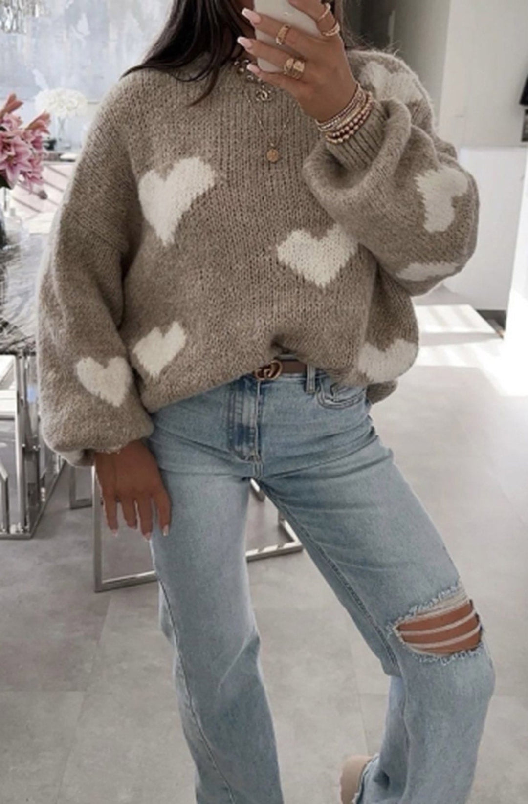 Delta Heart Knitted Jumper Sweater Top-Mocha