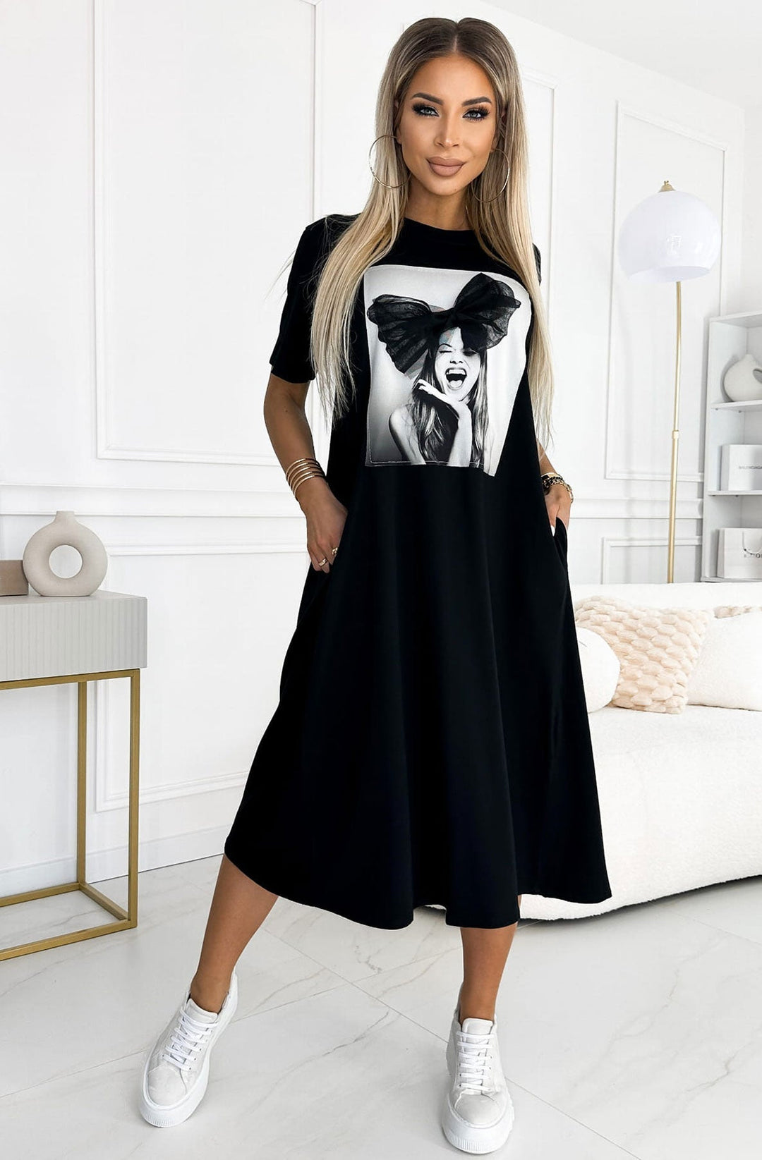 Elodie Oversized 'Face' Graphic Printed Midaxi Dress-Black