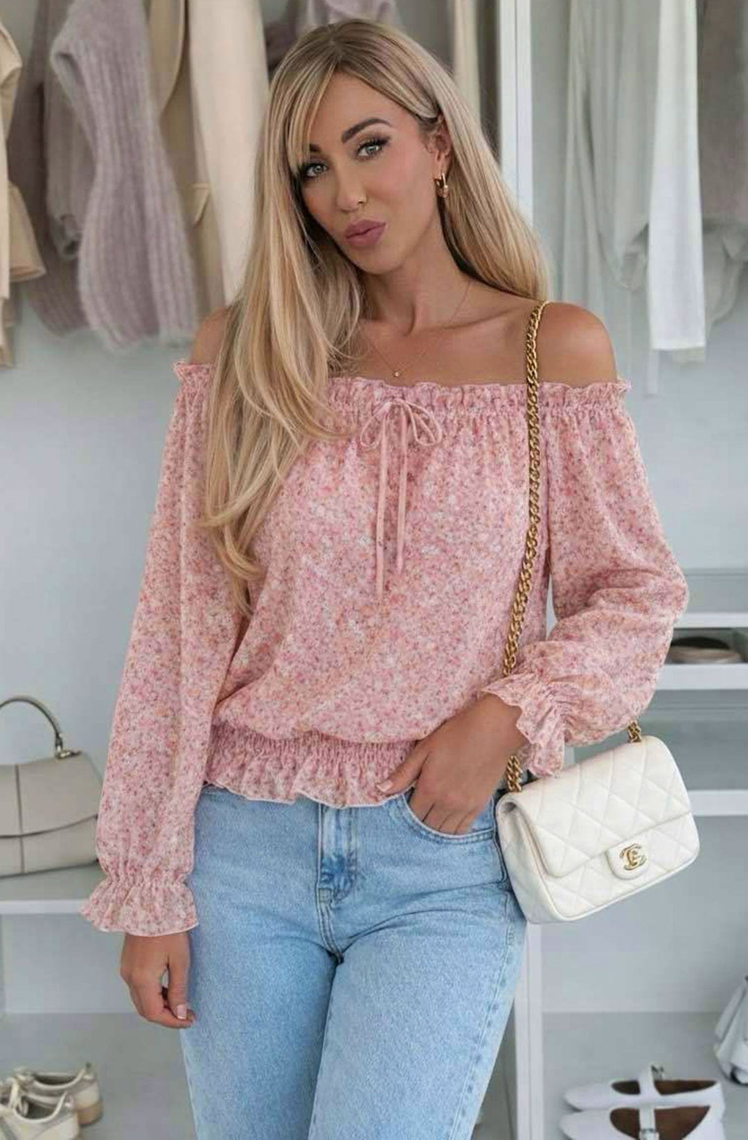 Eloise Floral Bardot Frill Shirred Waist Shirt Blouse Top-Pink