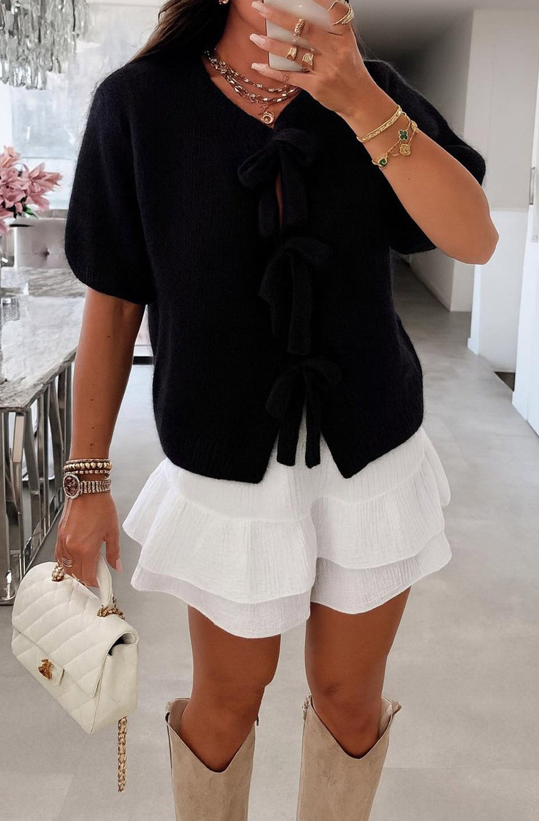 Estelle Tie up Bow Cardigan-Black