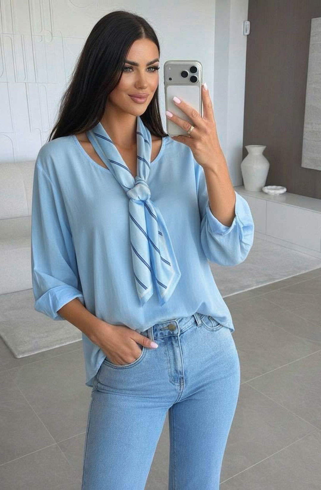 Ezra High Low Crew Neck Scarf Blouse Top-Blue