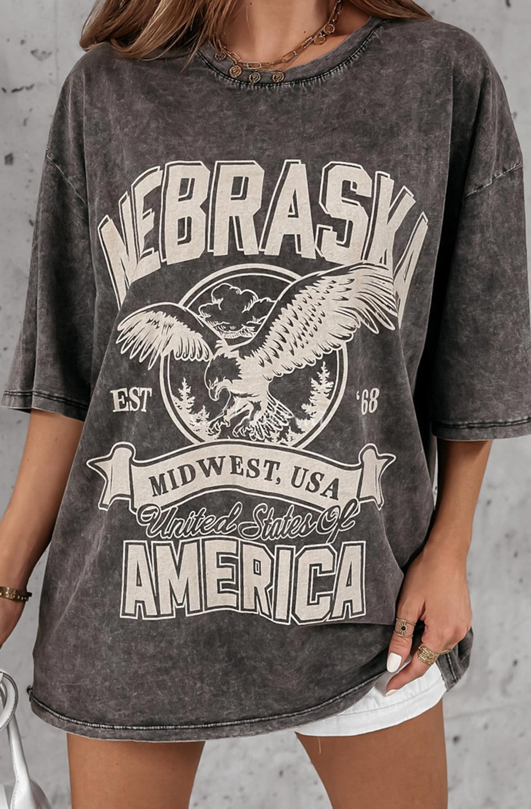 Farah 'Nebraska' Graphic Printed Oversized T. Shirt Top-Charcoal