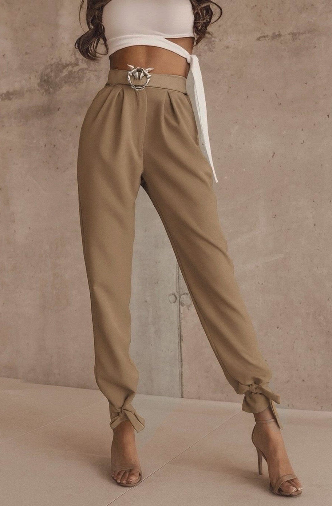 Gianna High Waist Tie Hem Trousers-Camel