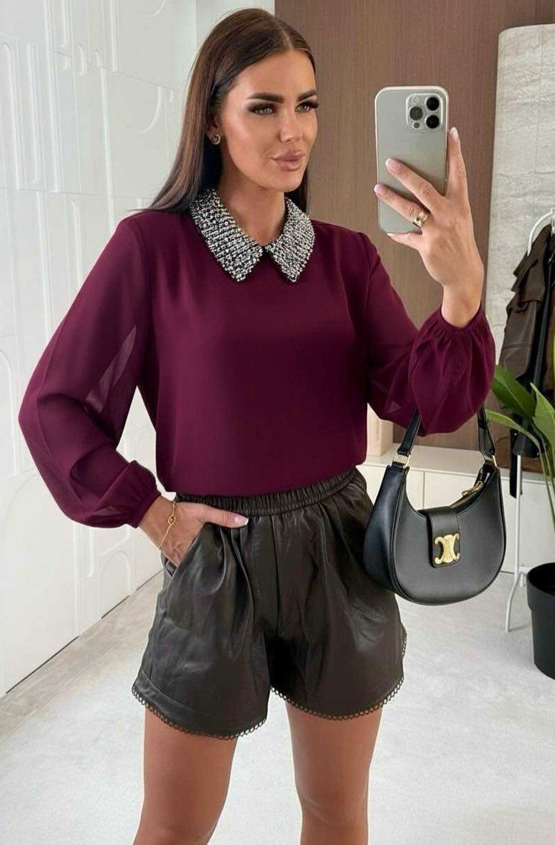 Gina Sequin Embellished Collar Blouse Top-Wine
