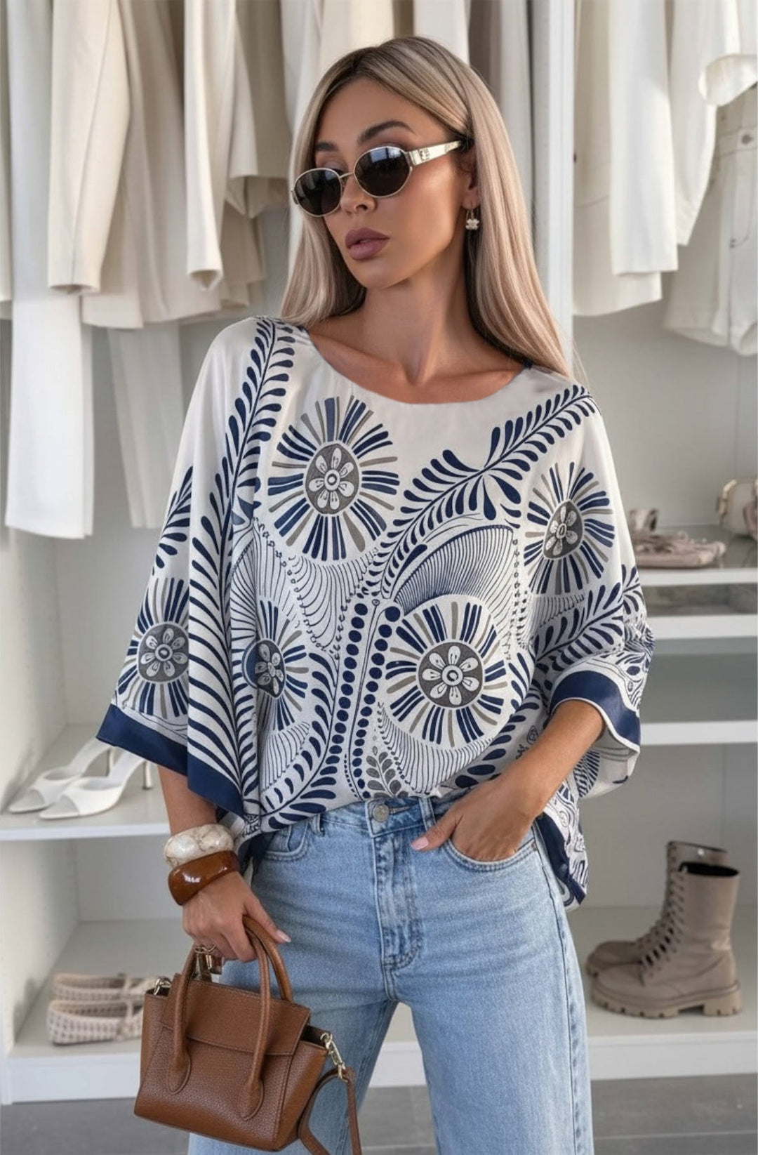 Grace Oversized Satin Abstract Print Batwing Blouse Top-Navy