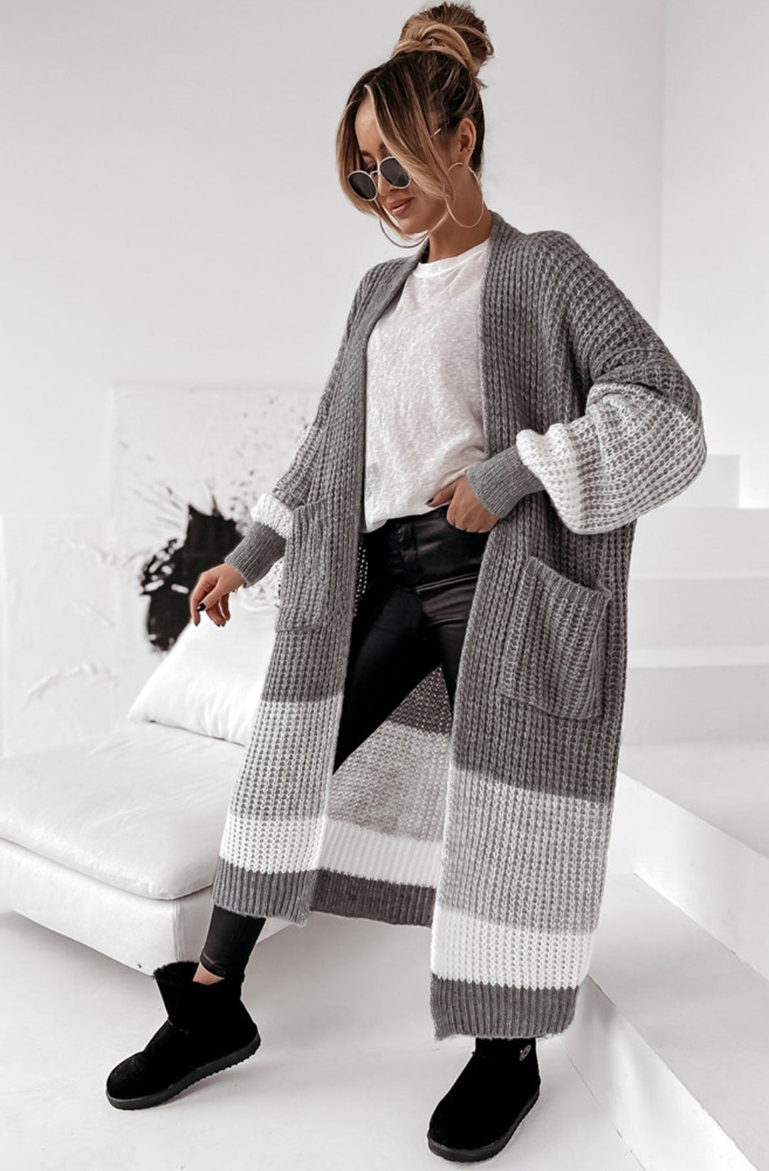 Zameka Longline Knitted Colour Block Open Cardigan-Grey