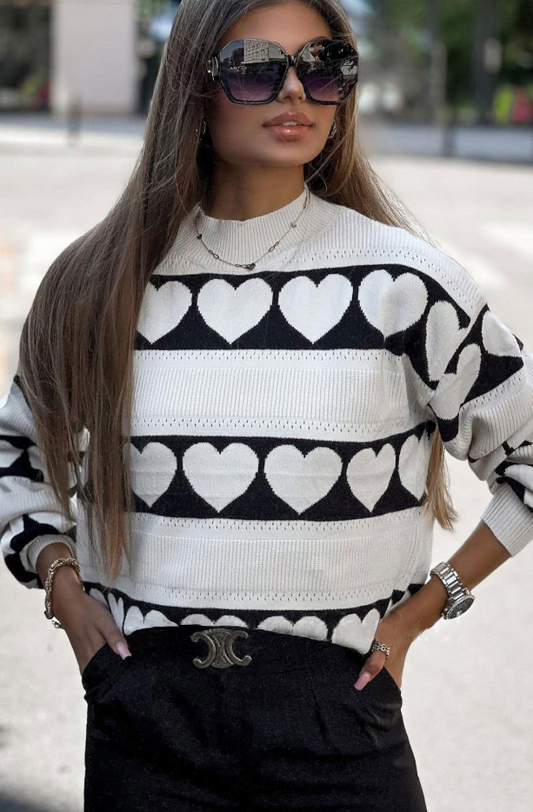 Harper 'Heart' Printed knitted Jumper Sweater Top-Black