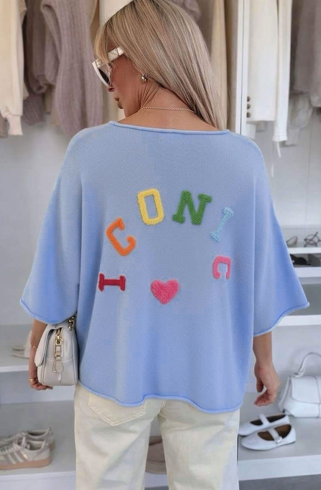 ‘Iconic 💖' Appliqué V-Neck Lightweight Open-Knit Jumper Top-Blue