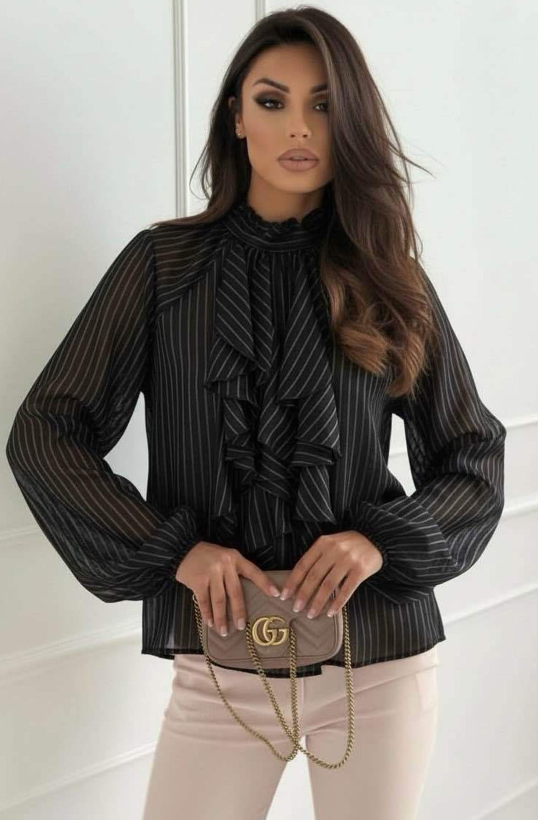 Iria High Neck Ruffle Stripe Blouse Top-Black
