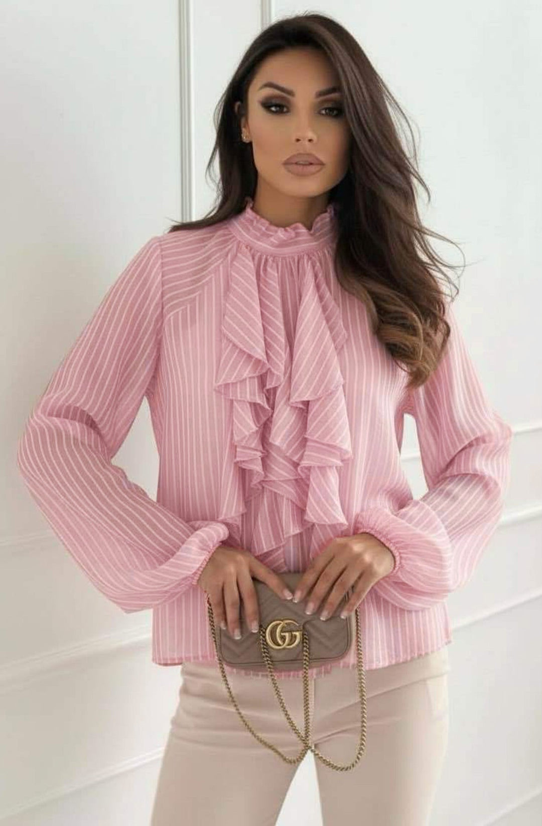 Iria High Neck Ruffle Stripe Blouse Top-Pink