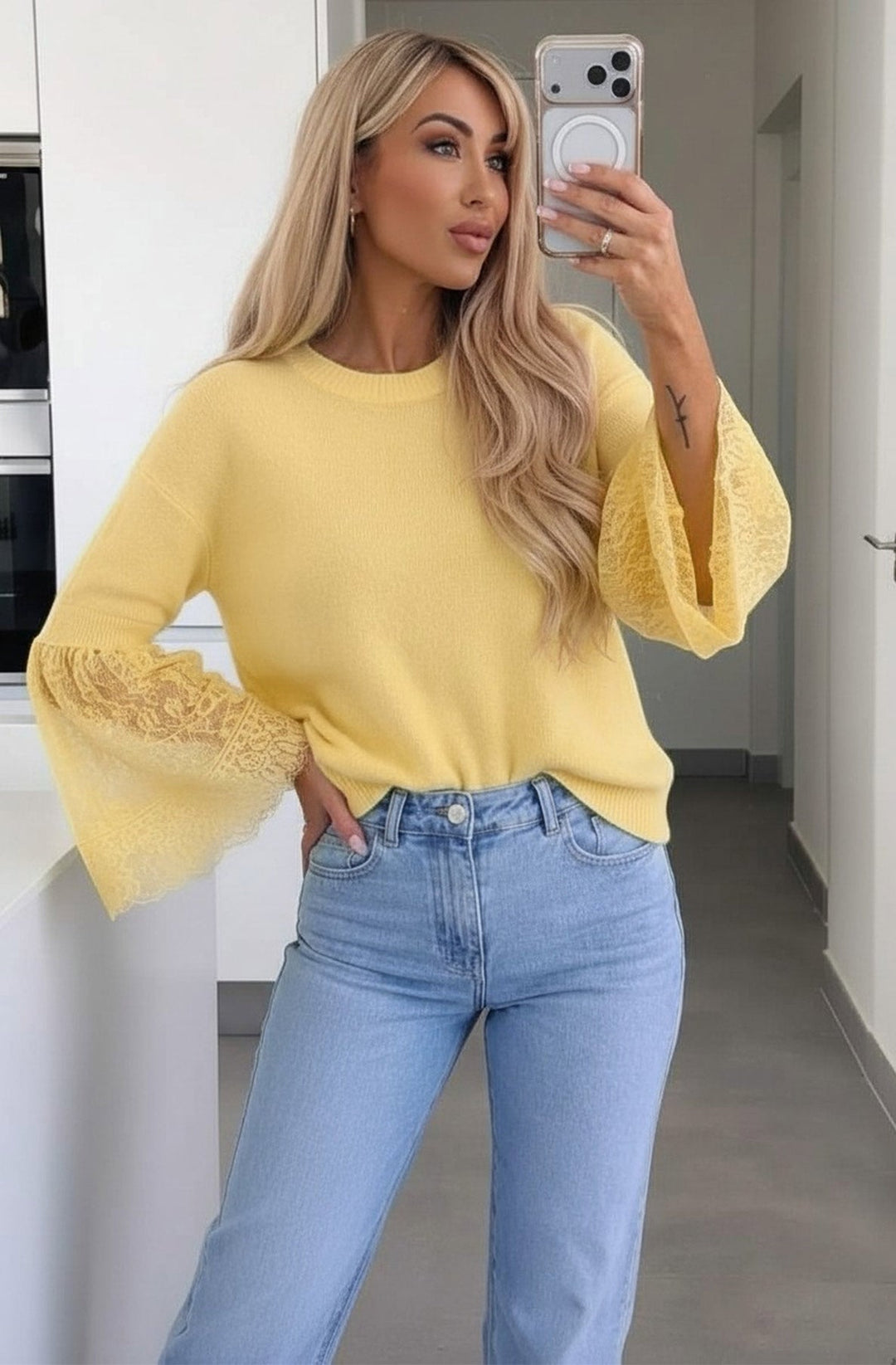 Jane Alpaca Blend  Lace Cuff Round-Neck Light Knitted Jumper Sweater-Yellow