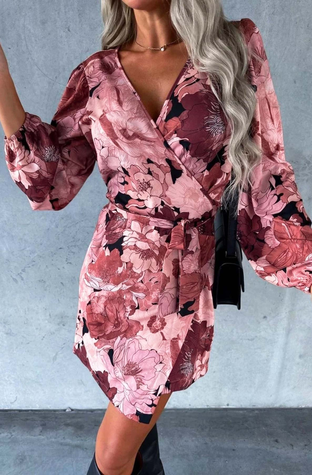 Judie Floral Wrap Belted Dress-Pink