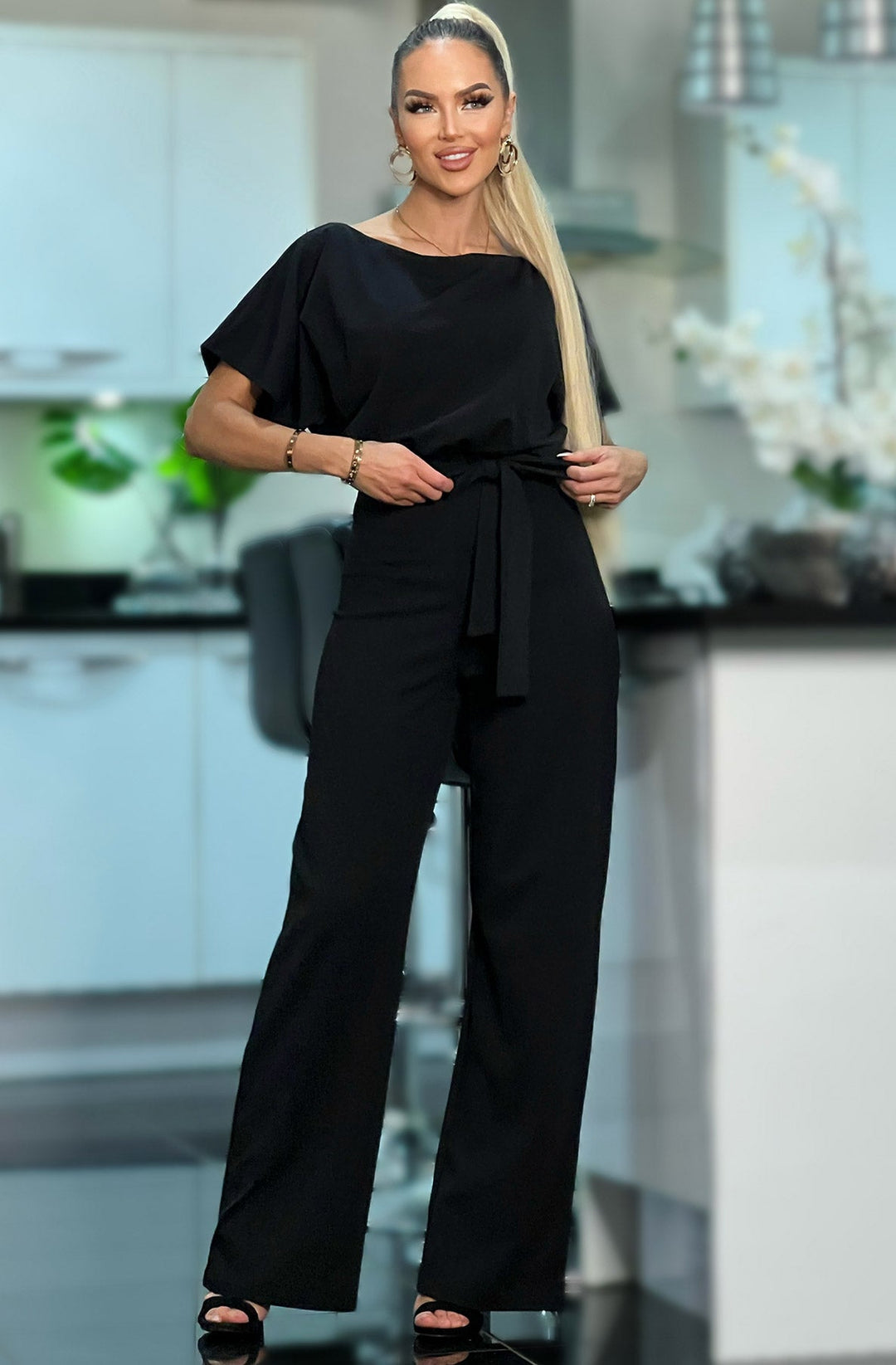 Judith Wide Leg Belted Batwing Jumpsuit-Black