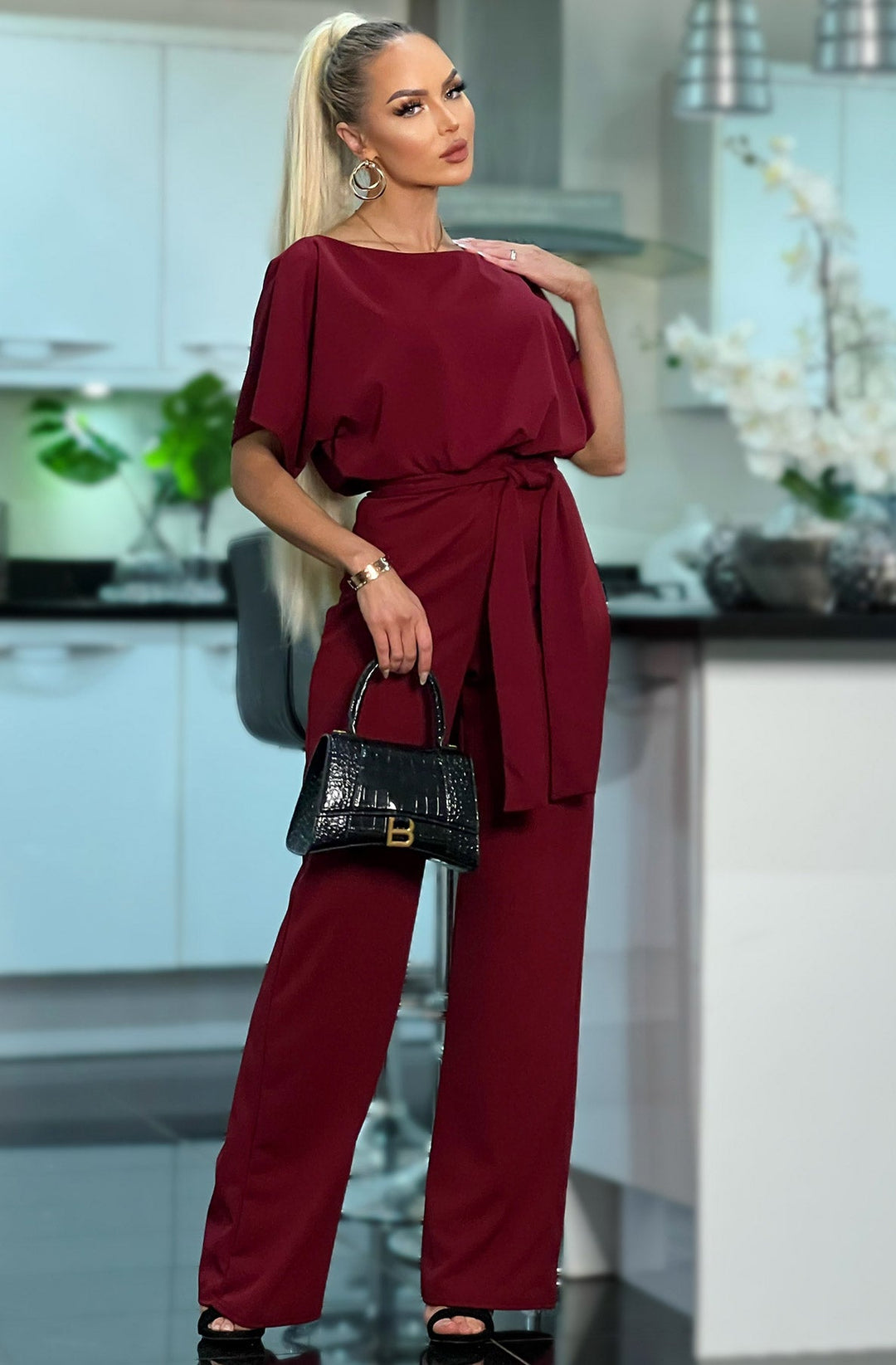 Judith Wide Leg Belted Batwing Jumpsuit-Wine